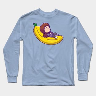 Cute Girl Sleeping On Bananas Cartoon Long Sleeve T-Shirt